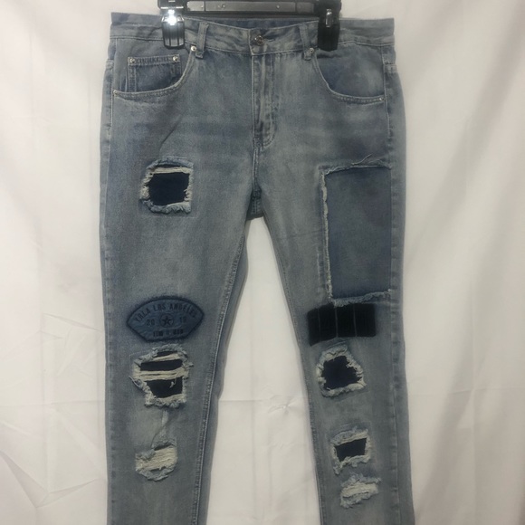 Young & Reckless Los Angeles Denim Jeans Mens 34 Patchwork Light Wash Distressed - Picture 3 of 11